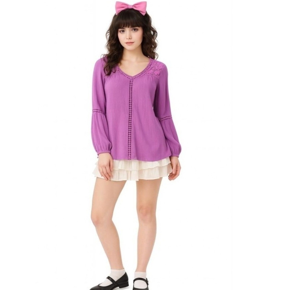 Gnw Blouse Womens S Purple Lace‎ Detail 3/4 Sleeves V Neck Relaxed Peasant